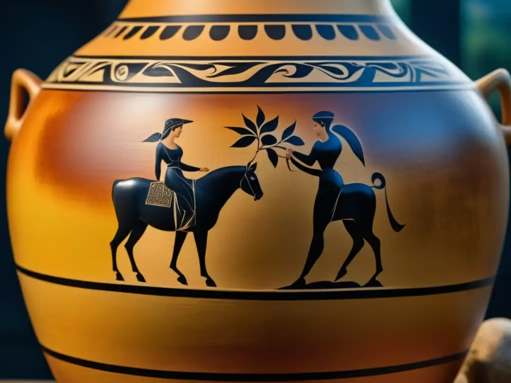 Detallada ánfora griega con escenas de Dionisio, viñedos y proceso vinificación, mostrando la historia y la influencia de los vinos griegos