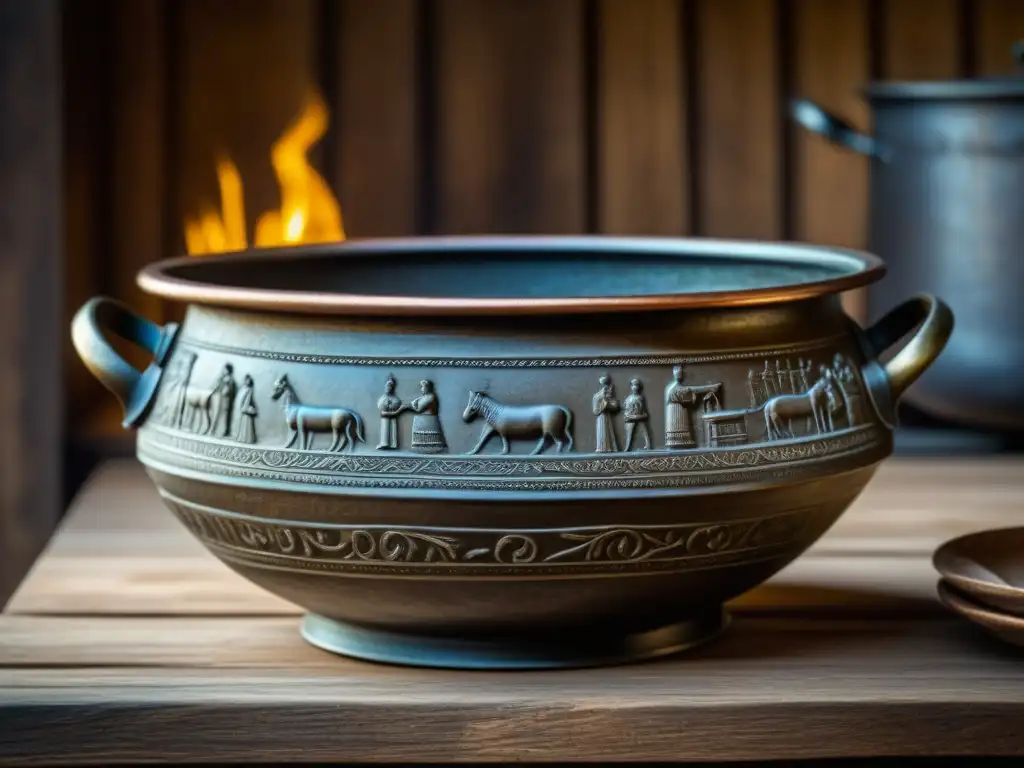 Réplica detallada de antigua olla romana de bronce con grabados de escenas cotidianas, sobre mesa rústica, iluminada naturalmente