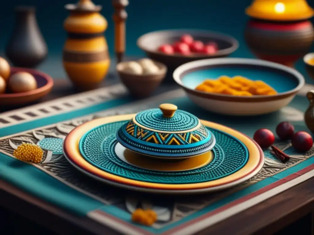 Detallada representación de la gastronomía bizantina: mosaico de banquete con platos coloridos y vajilla ornamental, fusionando culturas culinarias