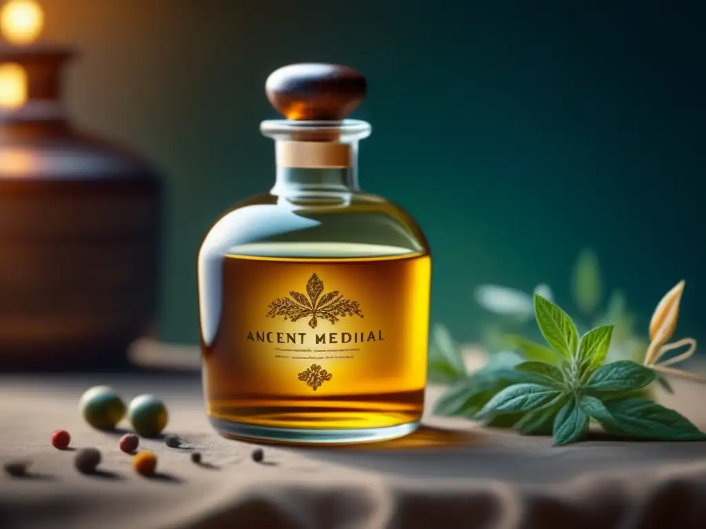 Botella de licor medicinal antiguo: detalle artesanal dorado Detallada botella de licor medicinal antiguo con historia en culturas, líquido dorado y hierbas suspendidas