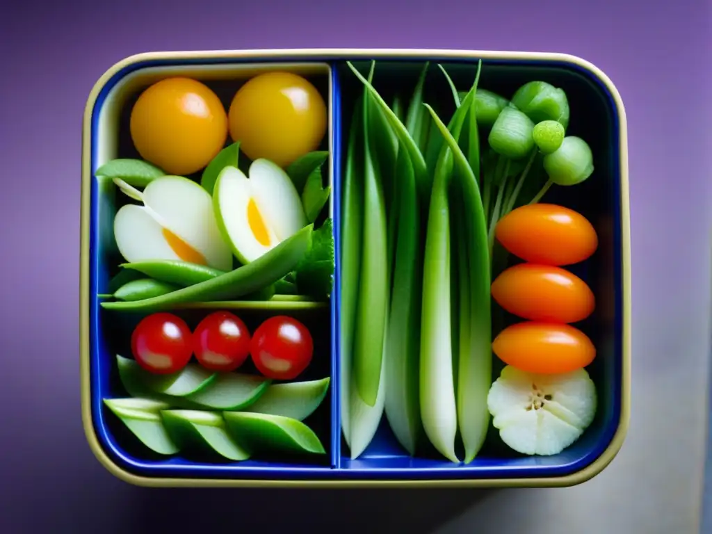 Detallada caja bento japonesa con vegetales frescos y esculpidas flores de zanahoria, reflejando la dieta samurái vegetales históricos