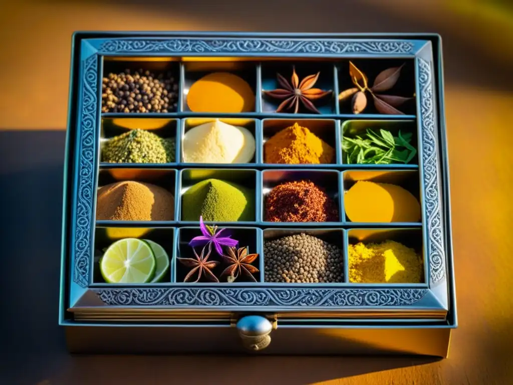 Detallada caja de especias india antigua con cúrcuma, comino y más
