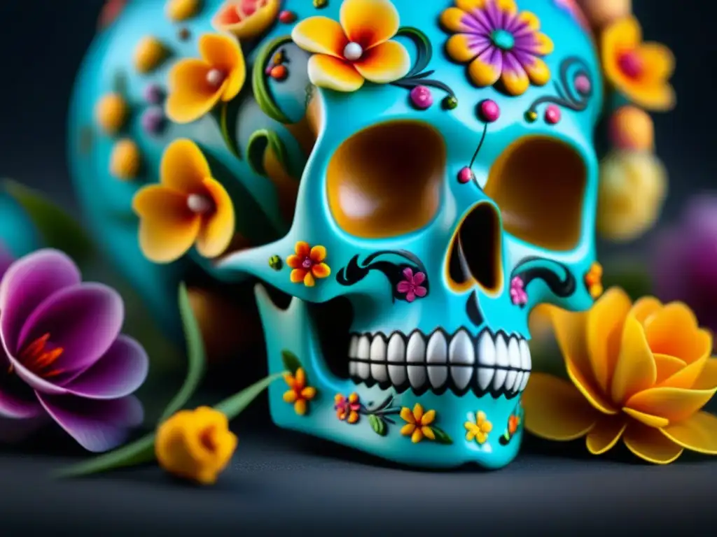 Detallada calavera de azúcar, símbolo ancestral de Día de los Muertos con decoraciones vibrantes y coloridas