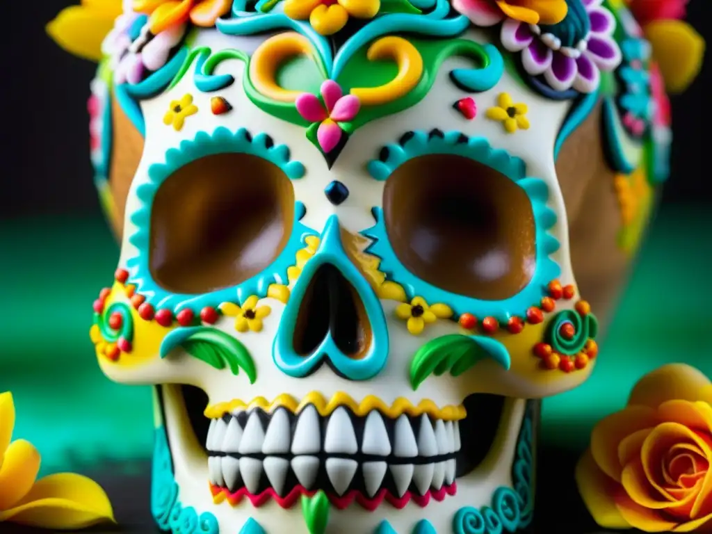 Decoración detallada de calavera de azúcar mexicana con remolinos, flores y brillos