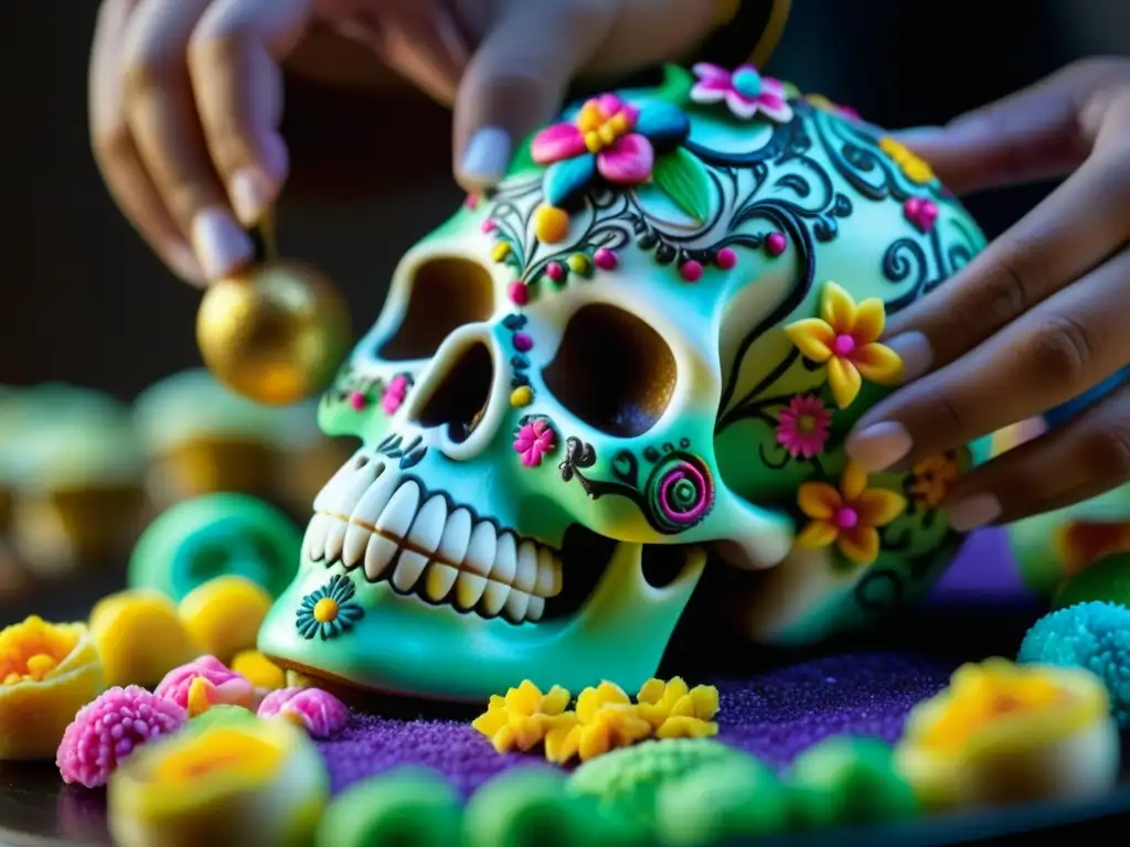 Detallada decoración de calaveras de azúcar para ofrendas históricas culturales