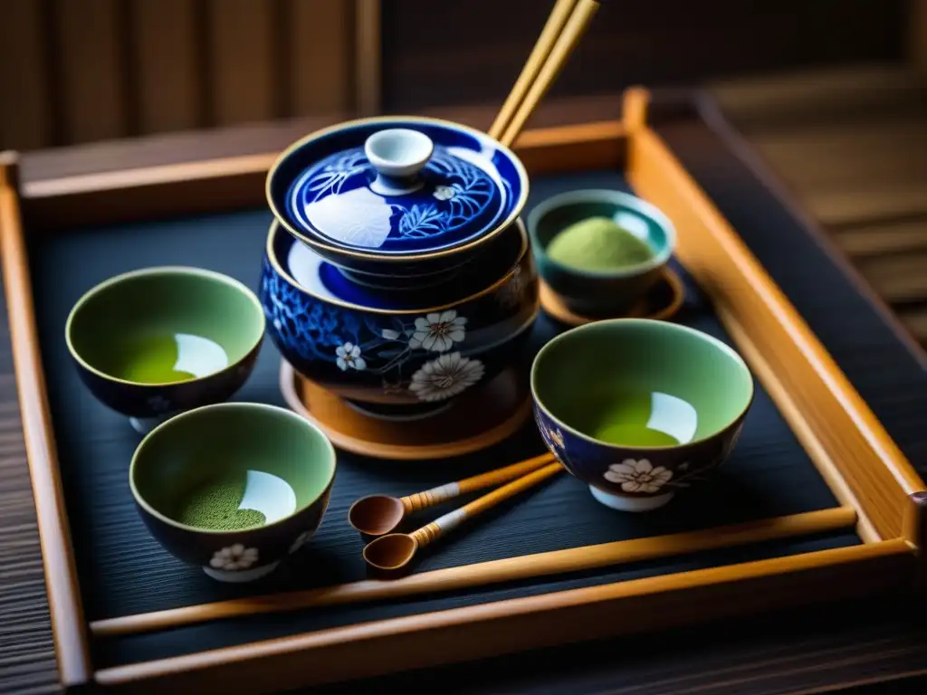 Detallada cerámica de té japonés con matcha, cuencos de porcelana y batidor de bambú en bandeja de madera