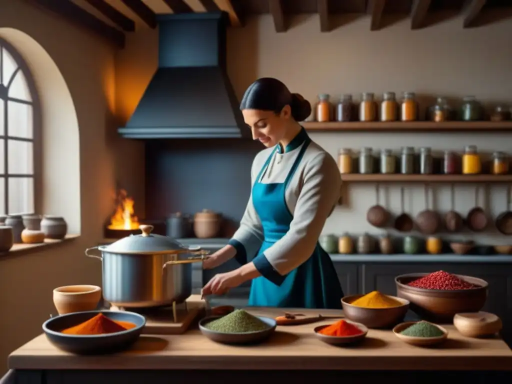 Ilustración detallada de una cocina medieval bulliciosa con técnicas de conservación de alimentos usando especias como salazón, ahumado y secado