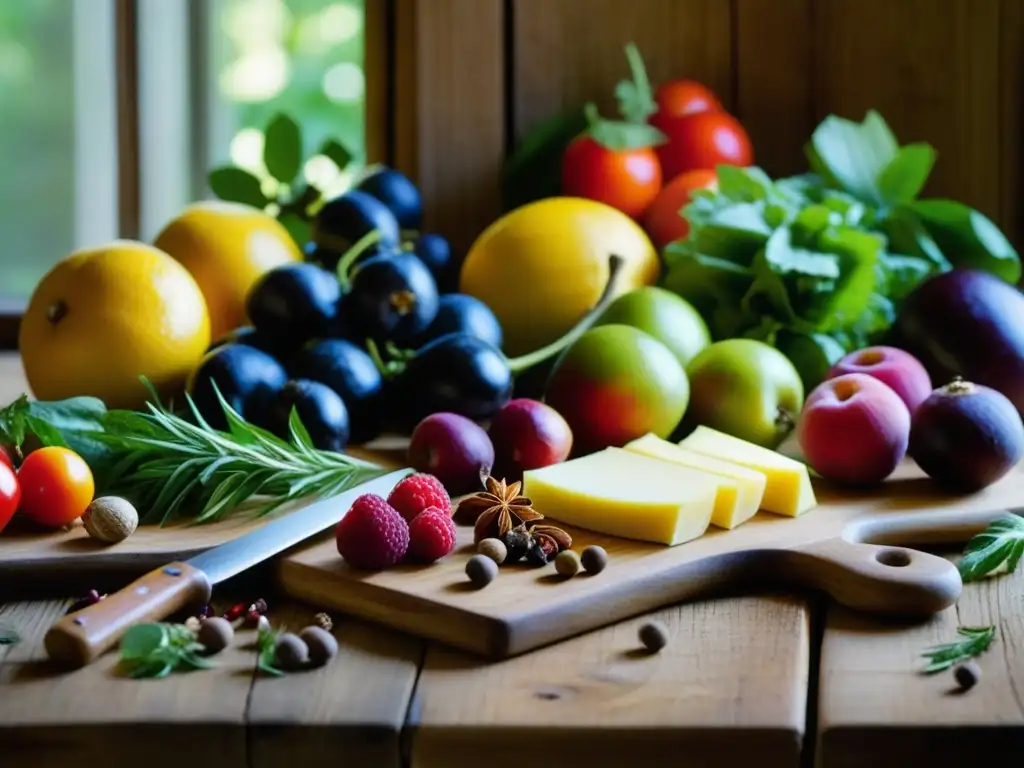 Una detallada composición de ingredientes renacentistas en una mesa rústica, iluminados por luz natural