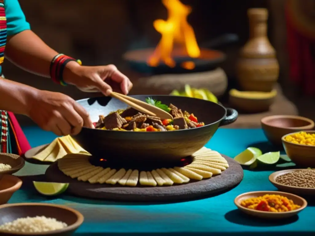 Detallada preparación de gastronomía prehispánica tras la conquista, fusionando ingredientes y técnicas ancestrales con influencias españolas