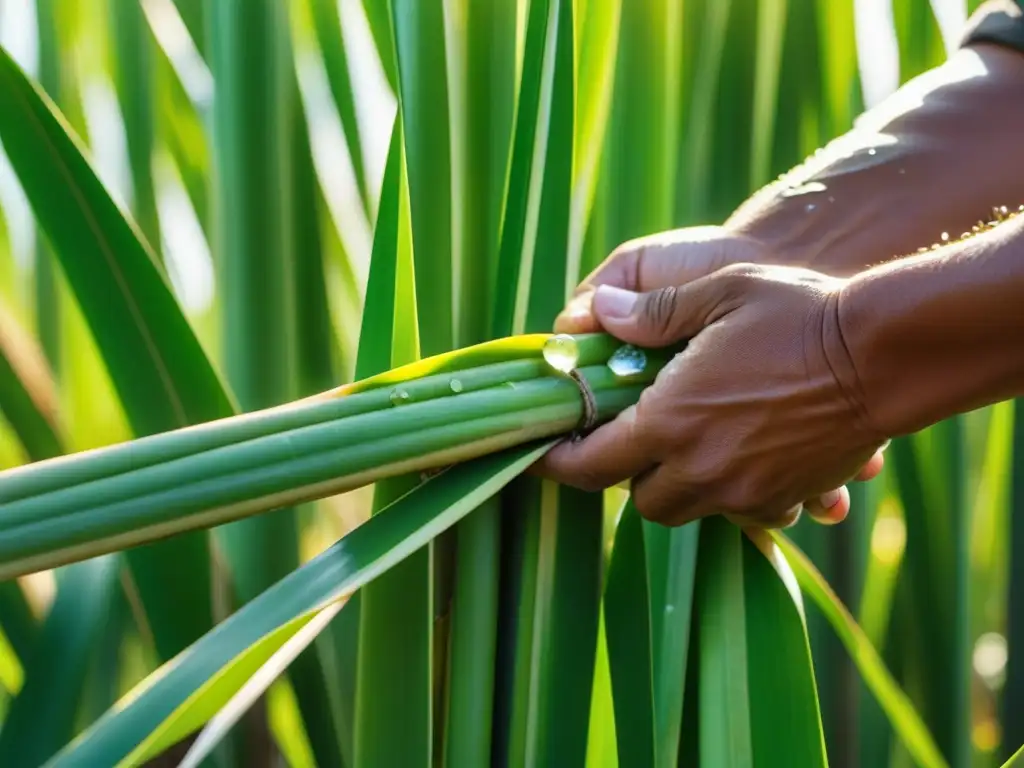 Detallada cosecha manual de caña de azúcar en plantación soleada y exuberante