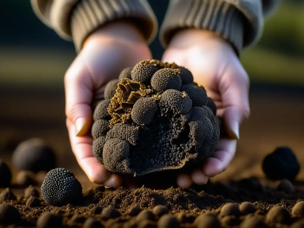 Detallada trufa recién cosechada con tierra, texturas y colores ricos en marrones y negros