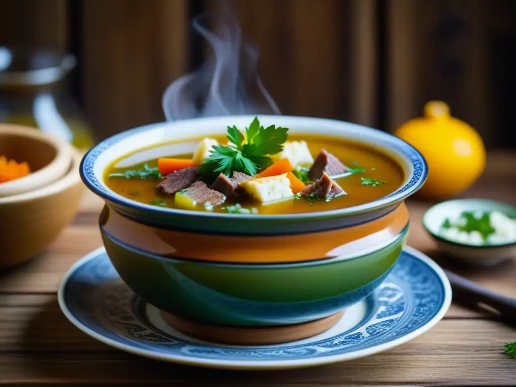 Una fotografía detallada de un cuenco de cerámica tradicional rebosante de sopa de khash, con ricos colores y texturas