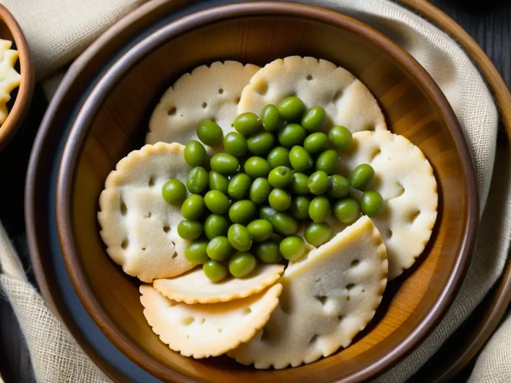 Una representación detallada de la dieta de los peregrinos del Mayflower: galletas, pescado salado, carne seca y guisantes en un cuenco de madera