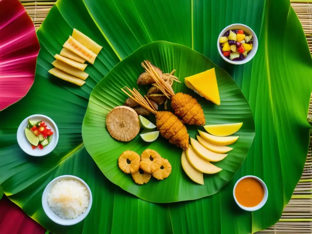 Una detallada dieta tradicional Micronesia desplegada en hoja de plátano, resaltando colores y texturas vibrantes