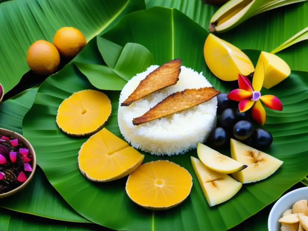 Una detallada dieta tradicional Micronesia en festín: raíces de taro, pescado empanizado, frutas tropicales, en hojas de plátano