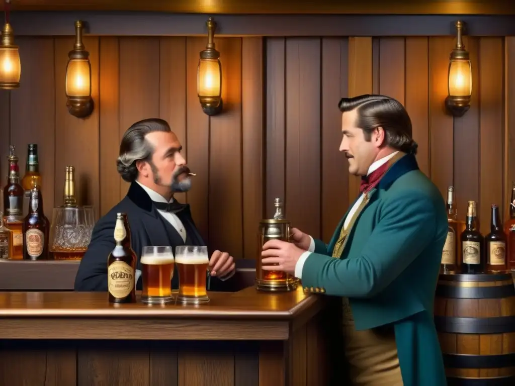 Una detallada y elaborada ilustración de una bulliciosa escena de bar americano del siglo XIX, con elegantes clientes disfrutando de cerveza y whisky, barriles de madera vintage en las paredes y un hábil barman sirviendo bebidas