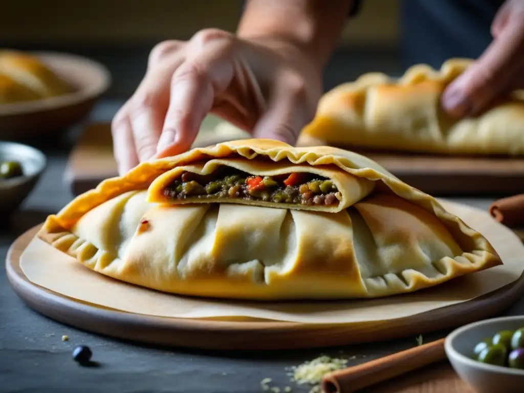 Deliciosa empanada argentina: detalle y sabor en cada pliegue Detallada preparación de una empanada argentina tradicional, reflejando la influencia gastronomía italiana en Argentina