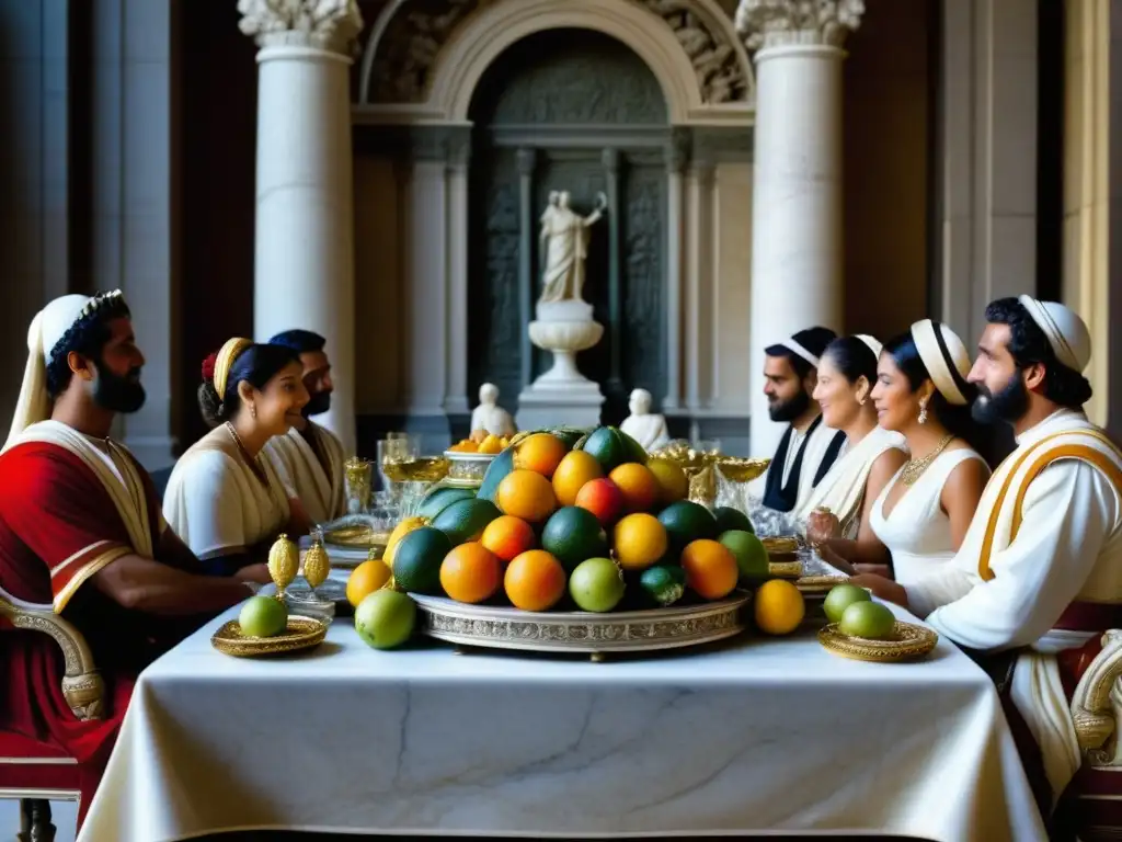 Detallada escena de un banquete romano en relieve, resaltando la opulencia y sofisticación de la antigua Roma