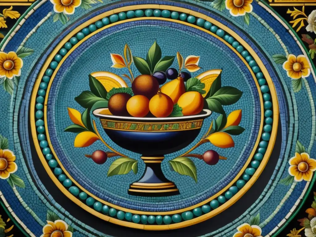 Detallada escena de banquete romano en mosaico: platos, frutas, vidrio y flores