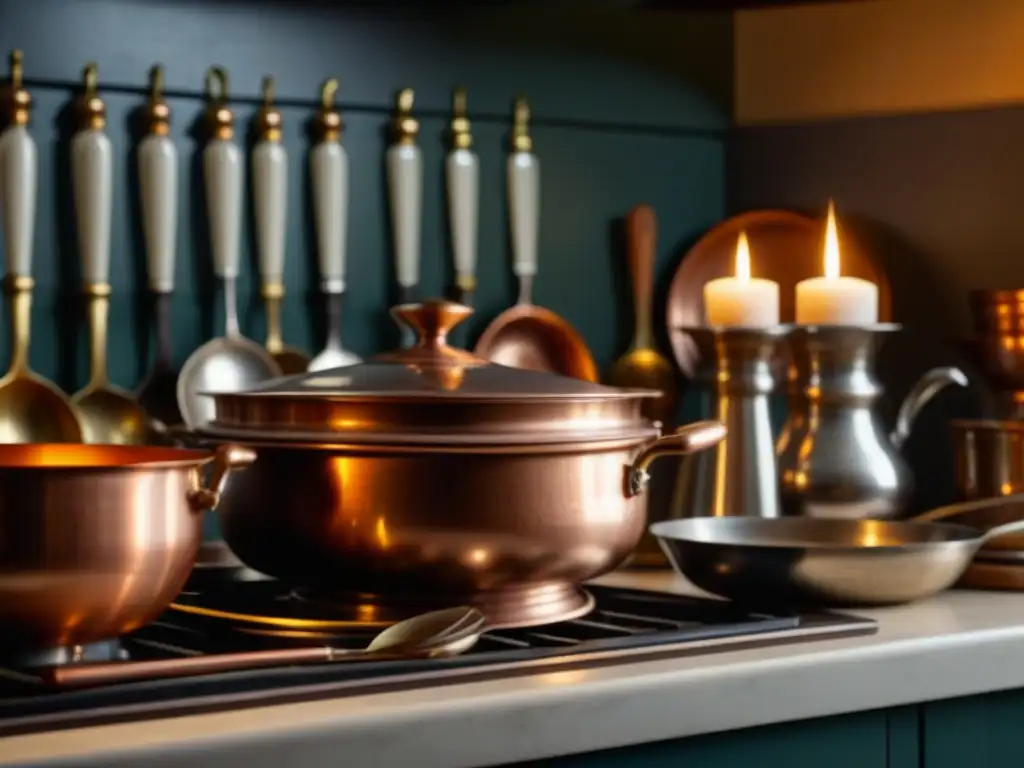 Una detallada escena de cocina victoriana con utensilios de cobre, cubiertos de plata y vajilla de porcelana iluminada por velas