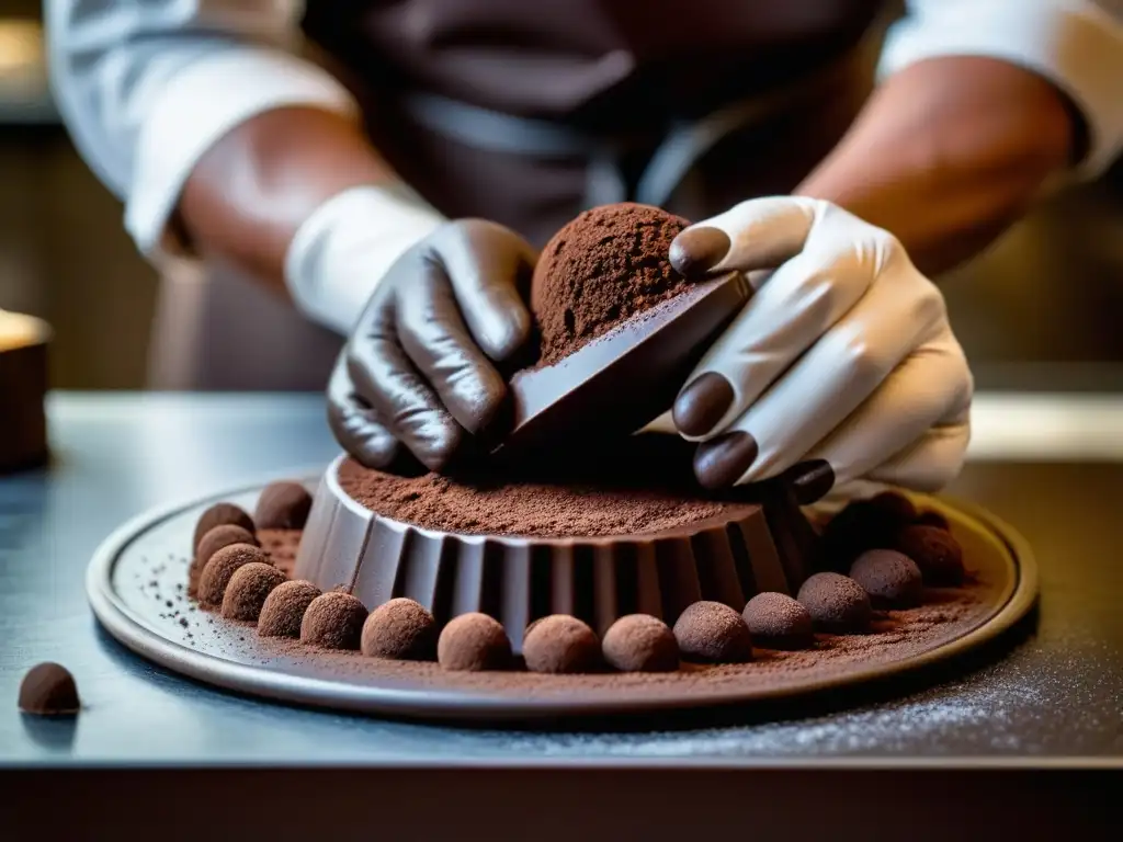 Detallada escena de un maestro chocolatero creando una escultura de chocolate, destacando el arte del chocolate artesanal en América Latina