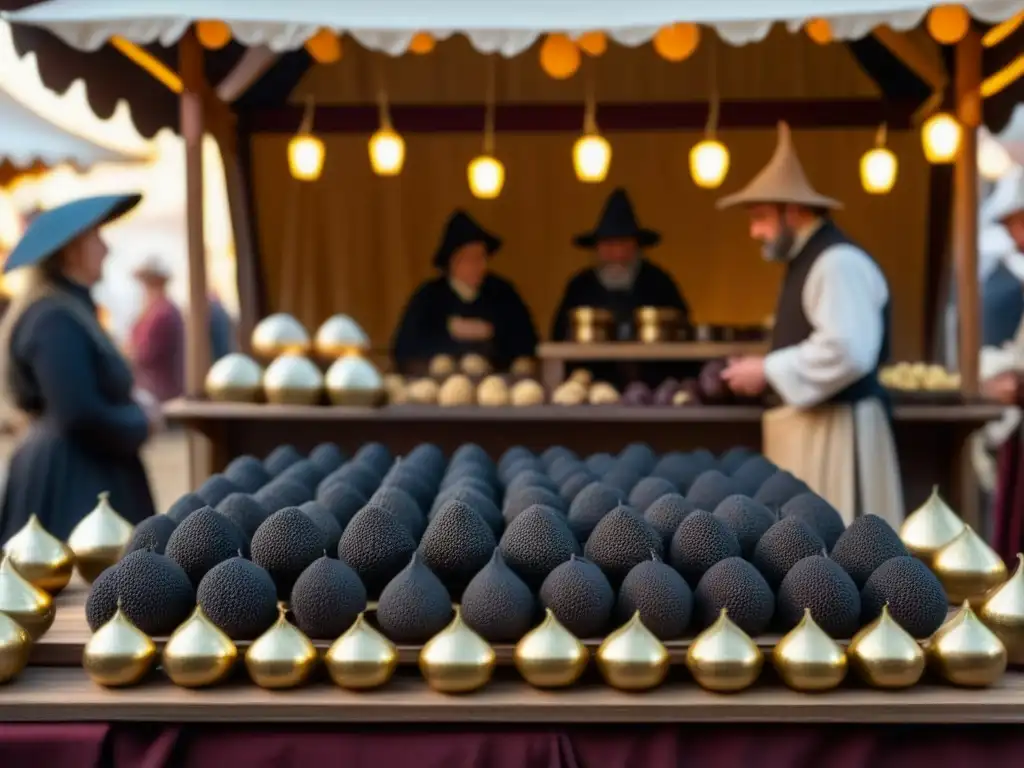 Detallada escena de mercado medieval con trufas en uso para cocina de la época