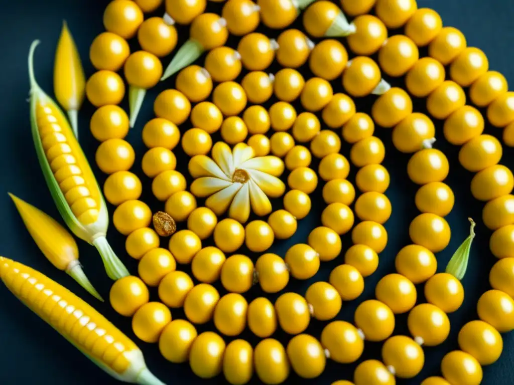 Detallada espiral de maíz dorado, resaltando la importancia cultural de alimentos americanos en la antigua cocina precolombina