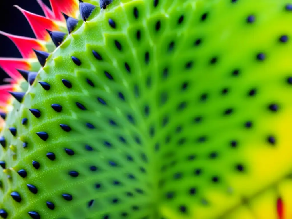 Fotografía detallada de una exótica guanábana, con su piel verde espinosa, pulpa blanca y semillas oscuras en un patrón llamativo