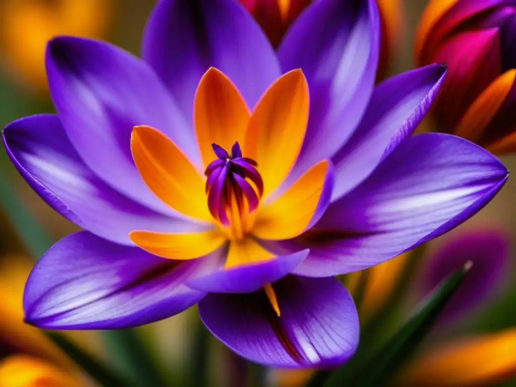 Detallada flor de azafrán morado con estigmas carmesí, reflejando la belleza y fragilidad de la especia