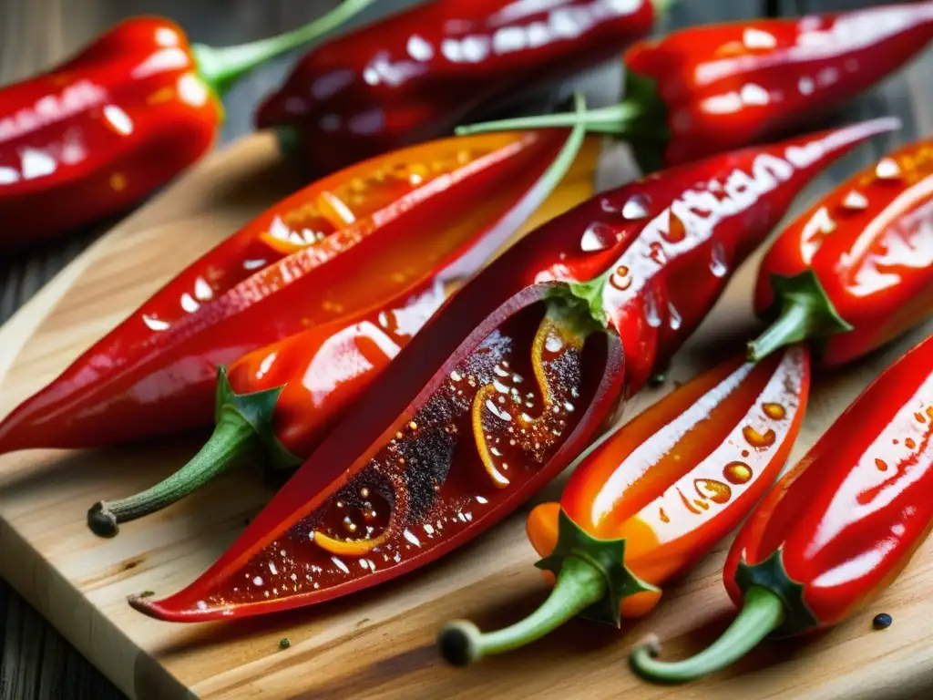 Detallada foto macro de brillantes pimientos piri piri rojos en tabla rústica