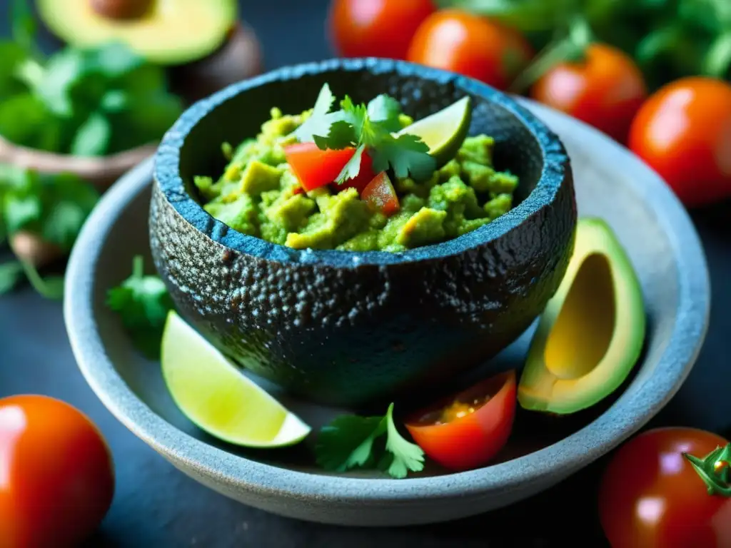 Detallada foto macro de un molcajete con guacamole fresco, resaltando el impacto de la colonización en la cocina hispanoamericana