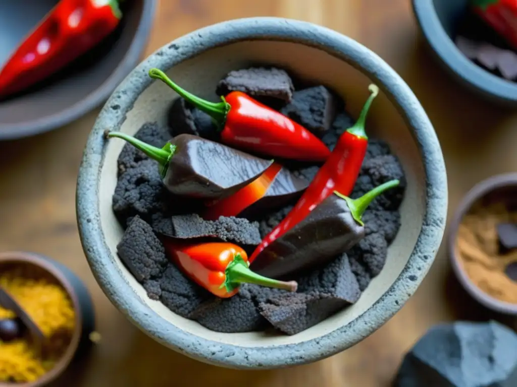 Detallada foto macro de un molcajete mexicano con chiles rojos y chocolate oscuro, representando la esencia de Chiles y Chocolate Prehispánico