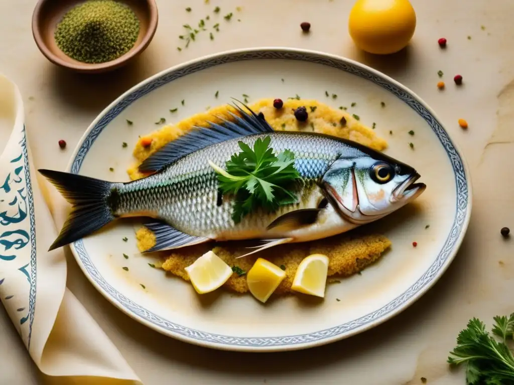 Detallada foto de plato abásida con especias y hierbas, sobre pergamino con receta histórica