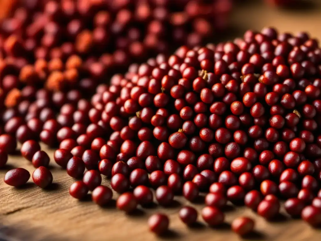 Detallada foto de semillas de achiote rojo, destacando sus texturas e intensos colores