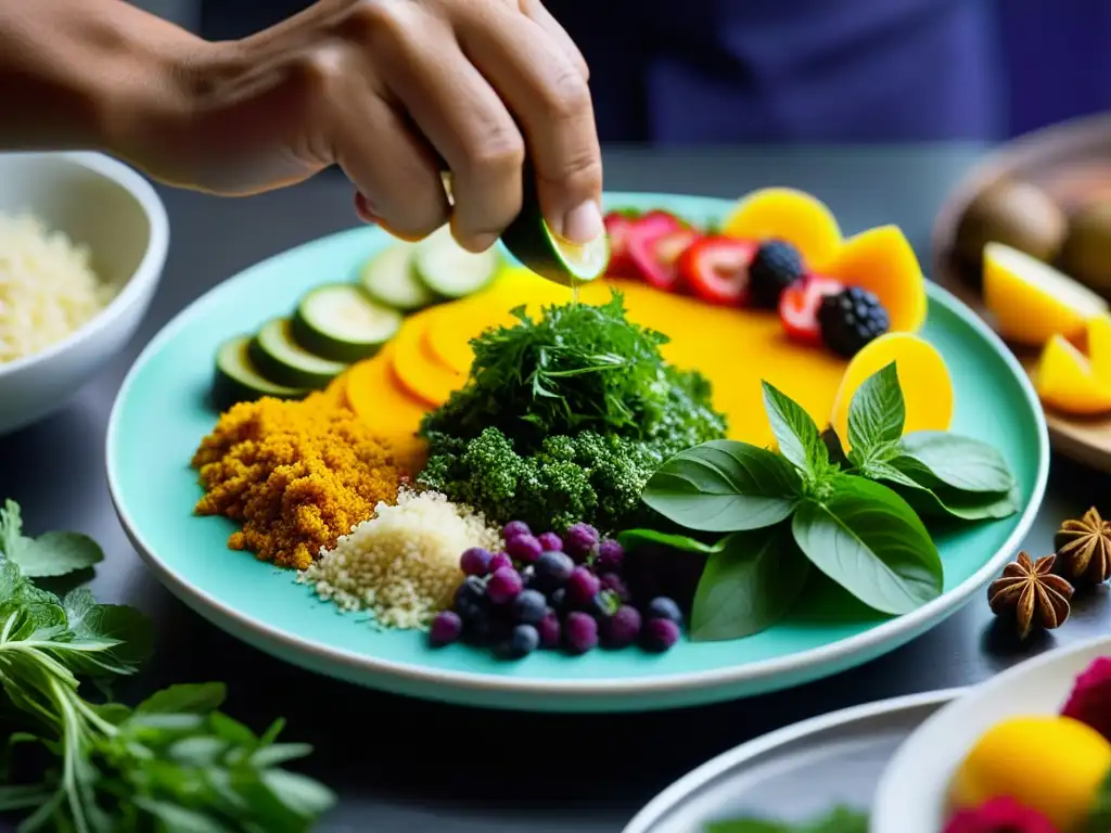 Detallada fusión gastronómica postcolonial en recetas, mezcla de colores, texturas y sabores en armonía