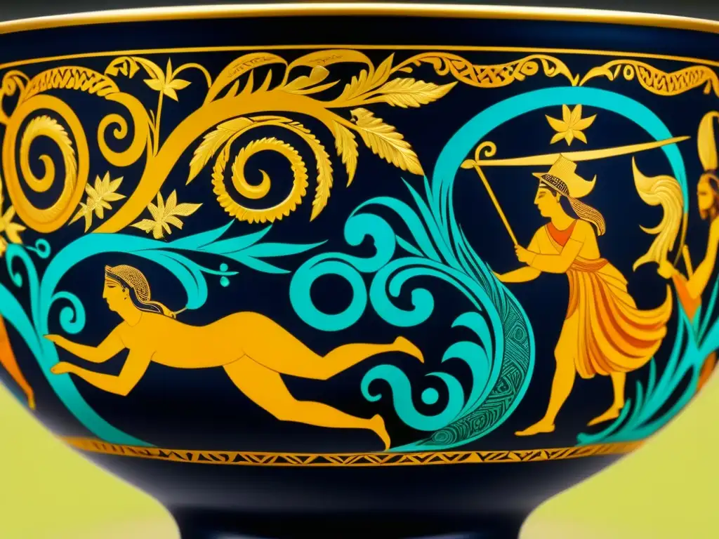 Detallada kylix griega con escenas mitológicas y patrones intrincados