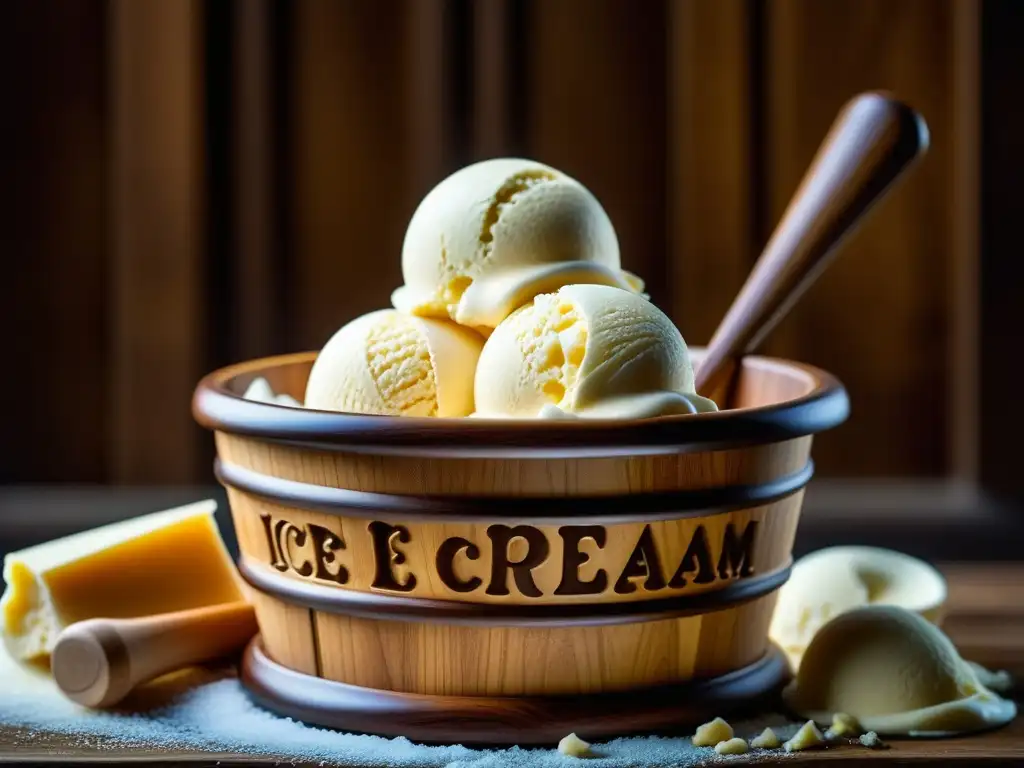 Detallada elaboración de helado de vainilla en antigua máquina de madera