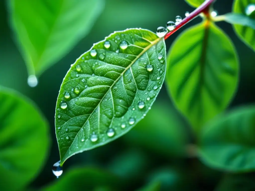 Detallada hoja de albahaca verde con gotas de rocío, red reflejando luz solar