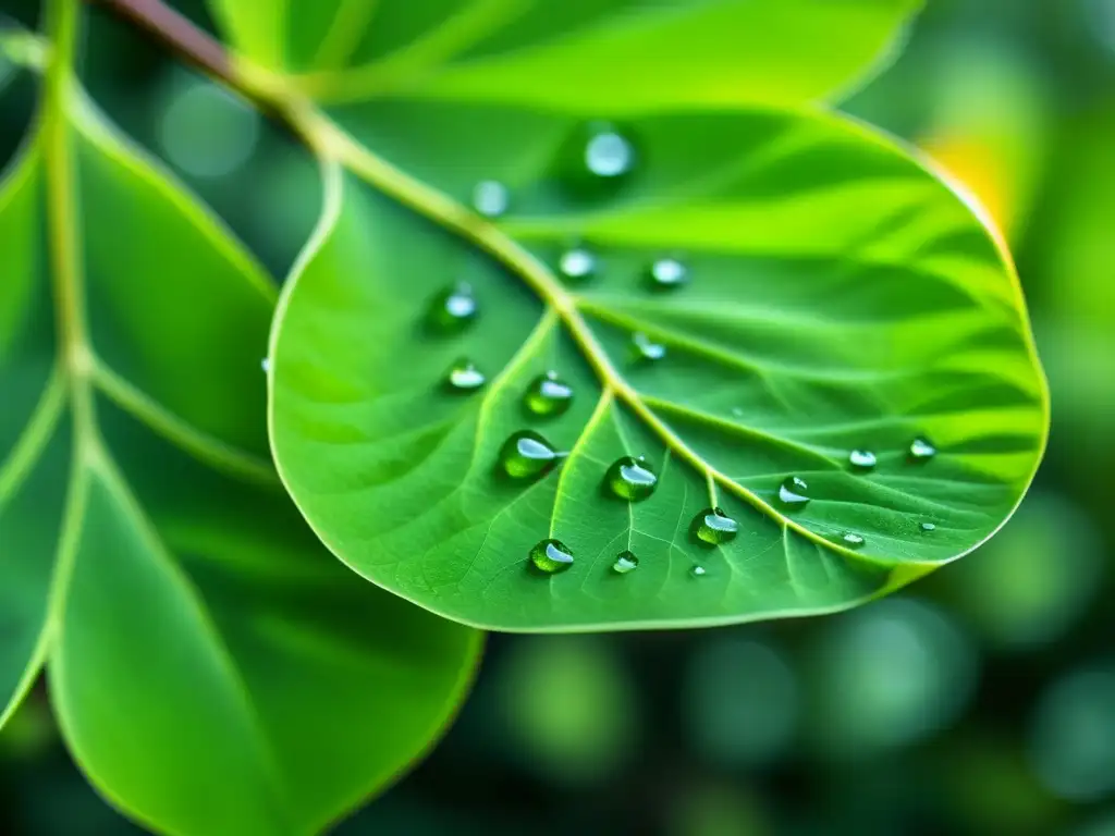 Detallada hoja verde de planta histórica 'Moringa' con gotas de rocío, mostrando su poder antioxidante en jardín antiguo borroso