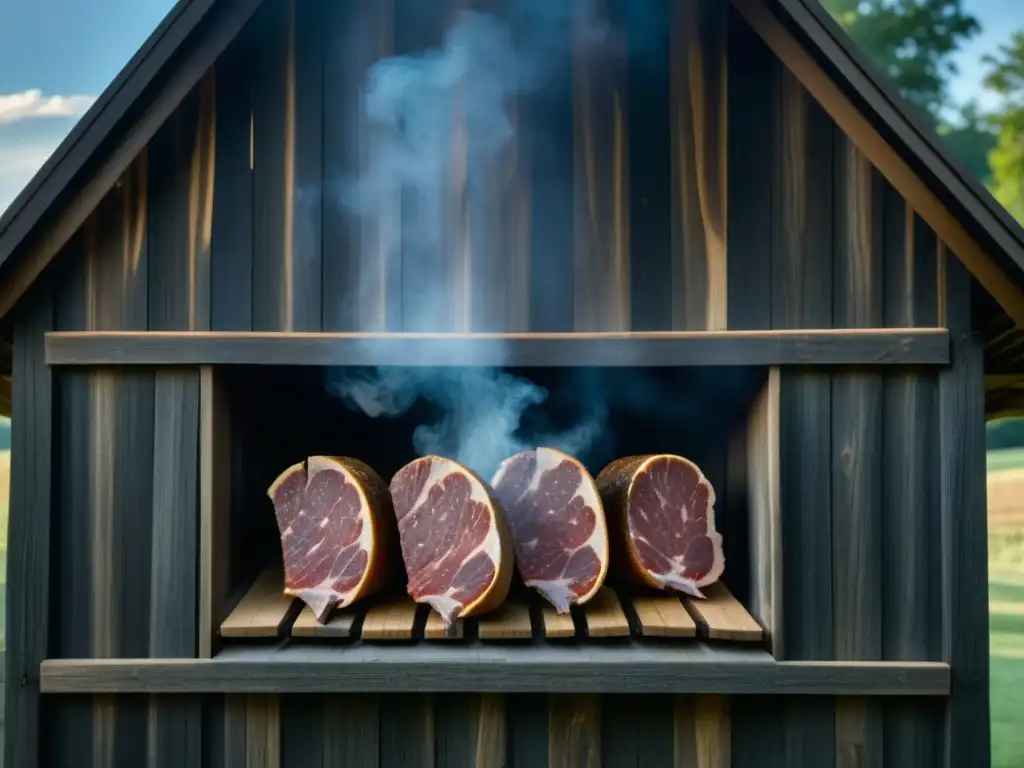 Detallada imagen de una ahumadero tradicional en Kentucky, evocando la historia del ahumado en cocina con su humo aromático y madera envejecida