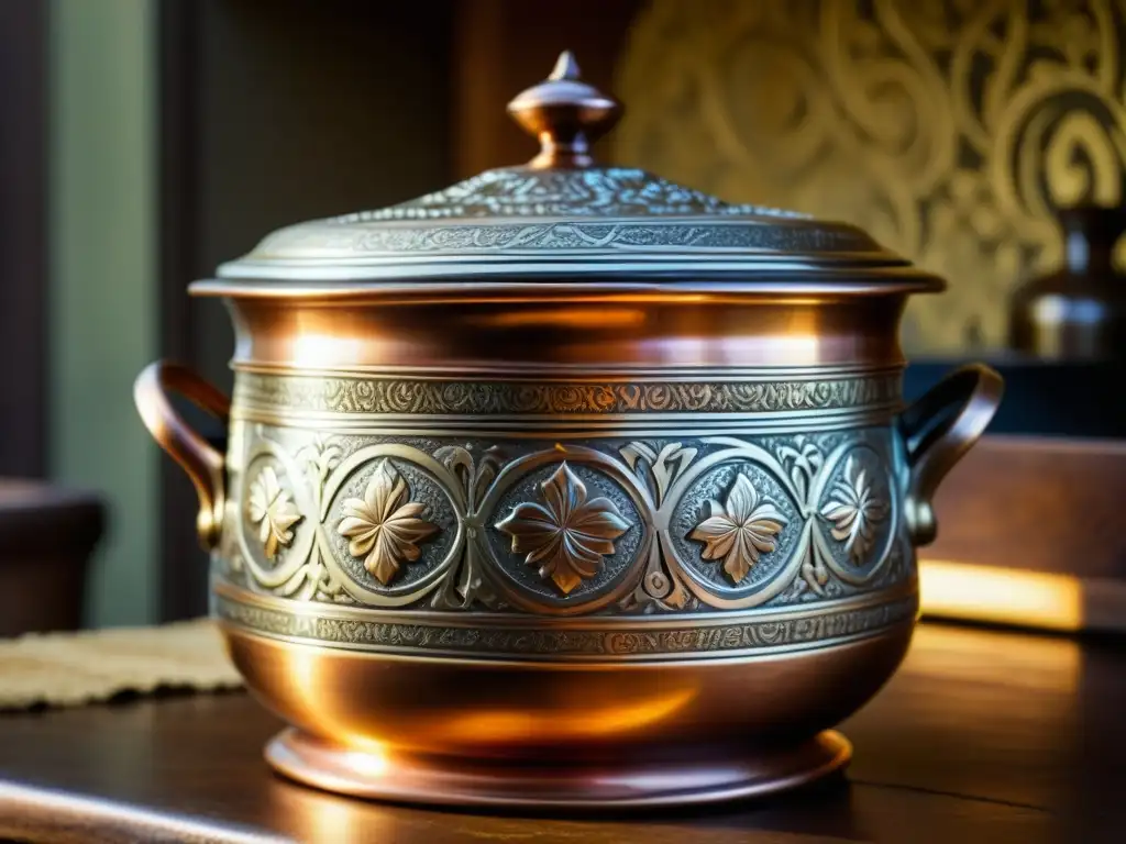 Detallada imagen de una antigua cazuela de cobre con grabados reales y patrones ornamentales en una mesa rústica