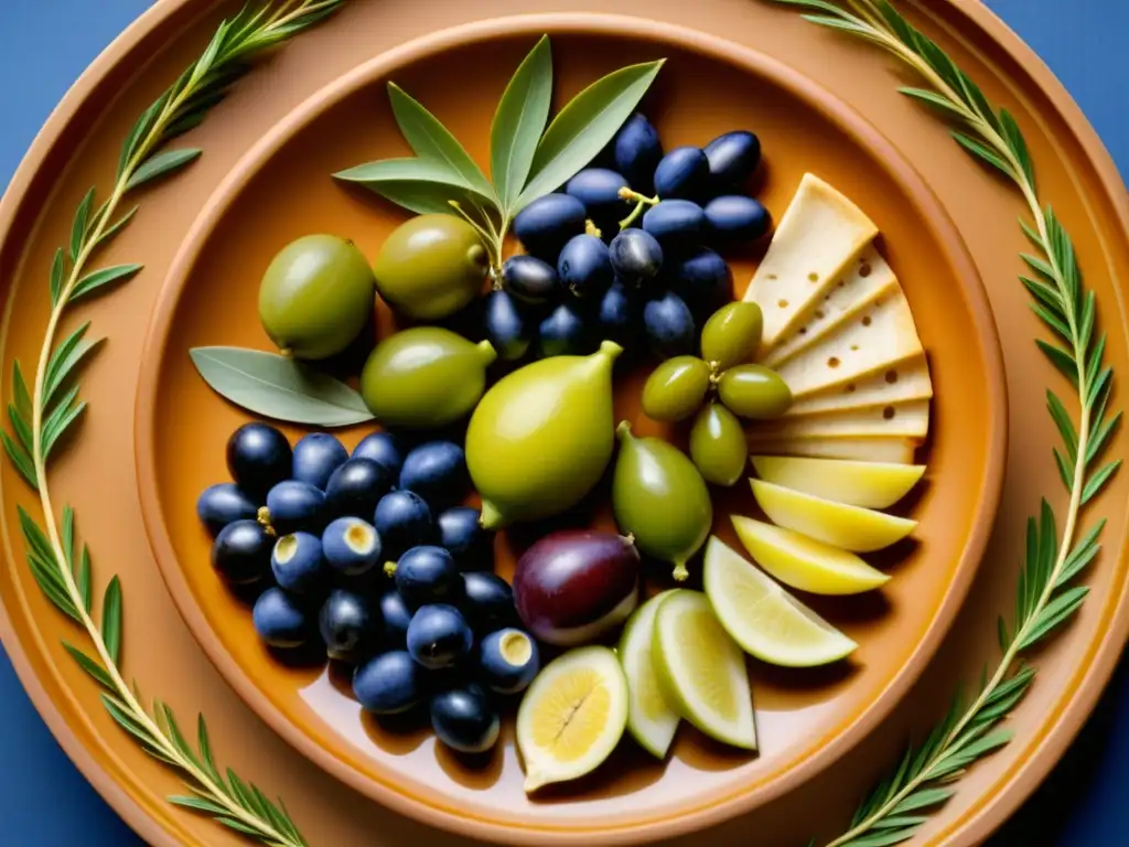 Una detallada imagen de una antigua placa griega con una variedad de alimentos, ilustrando la Dieta sostenible en la Antigua Grecia