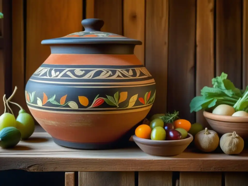 Detallada imagen de una antigua vasija de barro con alimentos conservados en una bodega histórica