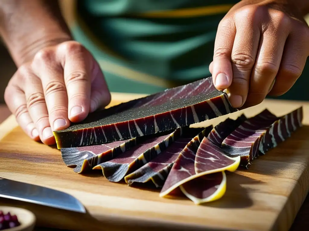 Detallada imagen de un artesano cortando biltong, resaltando su textura y colores