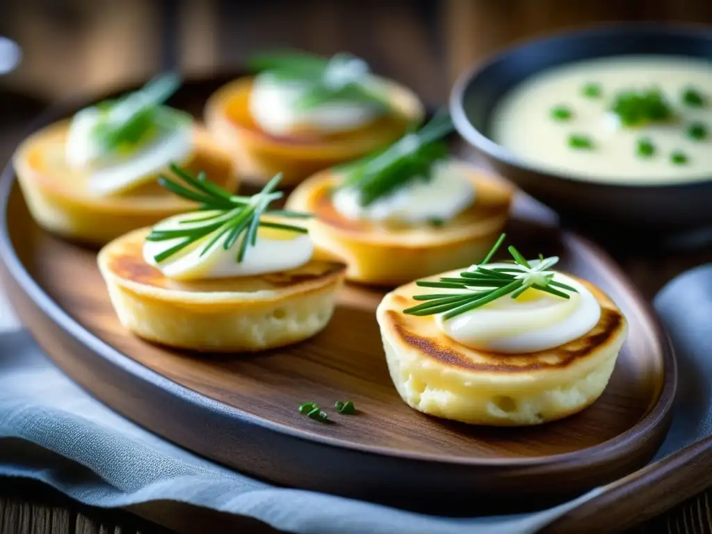 Detallada imagen de un blini con crème fraîche y cebollino, fusionando influencia francesa en blini ruso