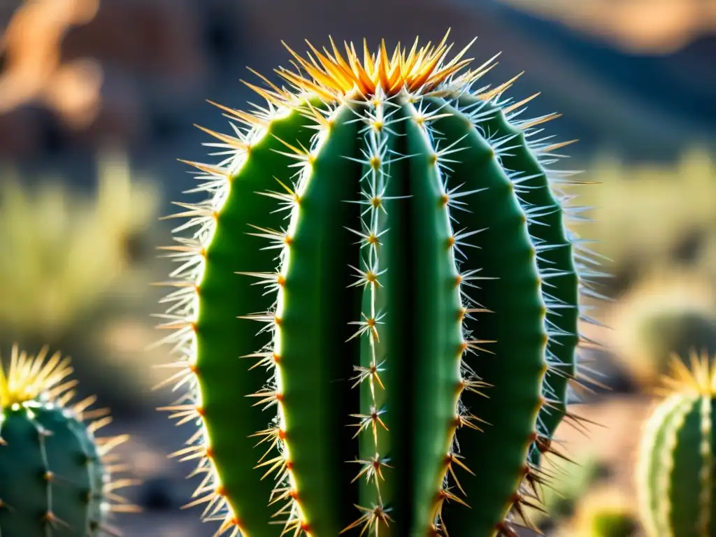 Detallada imagen de un cactus resiliente en el árido desierto, con adaptaciones culinarias en ambientes áridos