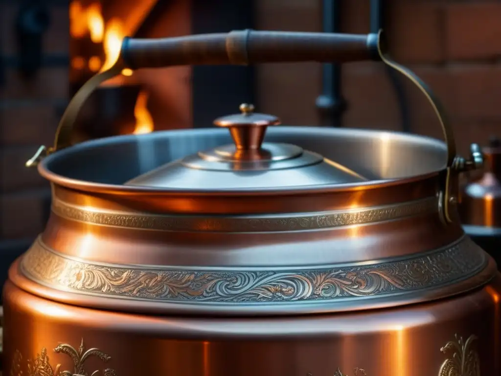 Detallada imagen de una caldera de cobre tradicional con grabados históricos, en un ambiente cálido de una cervecería