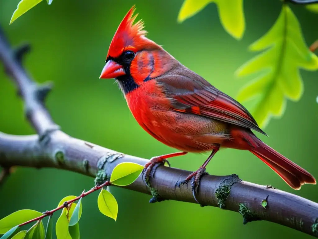 Detallada imagen de un cardenal rojo en rama, resaltando sus colores y beneficios antioxidantes de aves