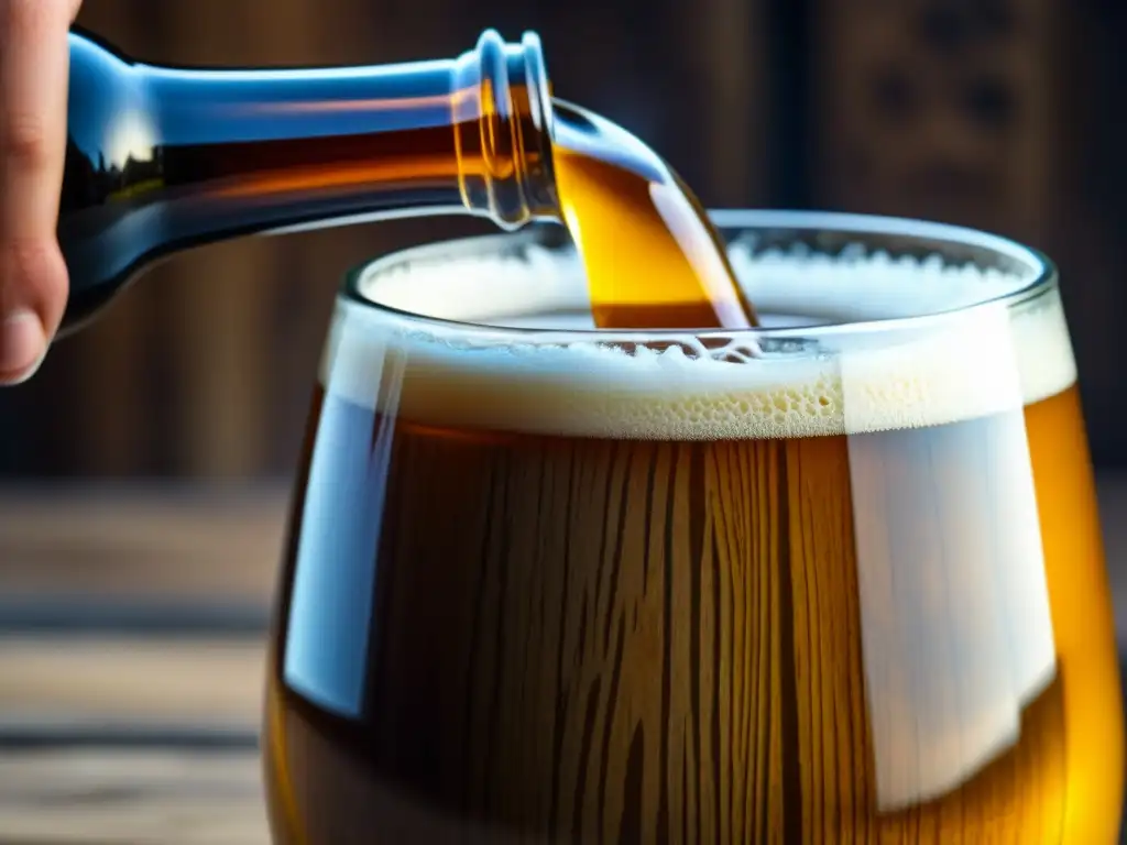 Detallada imagen de la cerveza tradicional finlandesa sahti siendo vertida en una jarra de madera, con burbujas y espuma