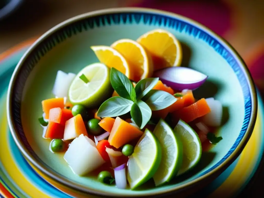 Detallada imagen de ceviche peruano en tazón de cerámica, resaltando colores y texturas
